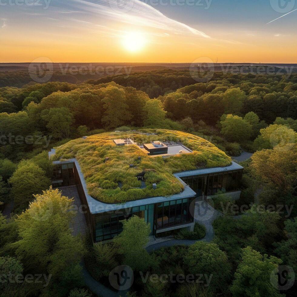 sostenible edificio con verde techo tomando el sol en amanecer ligero generativo ai foto