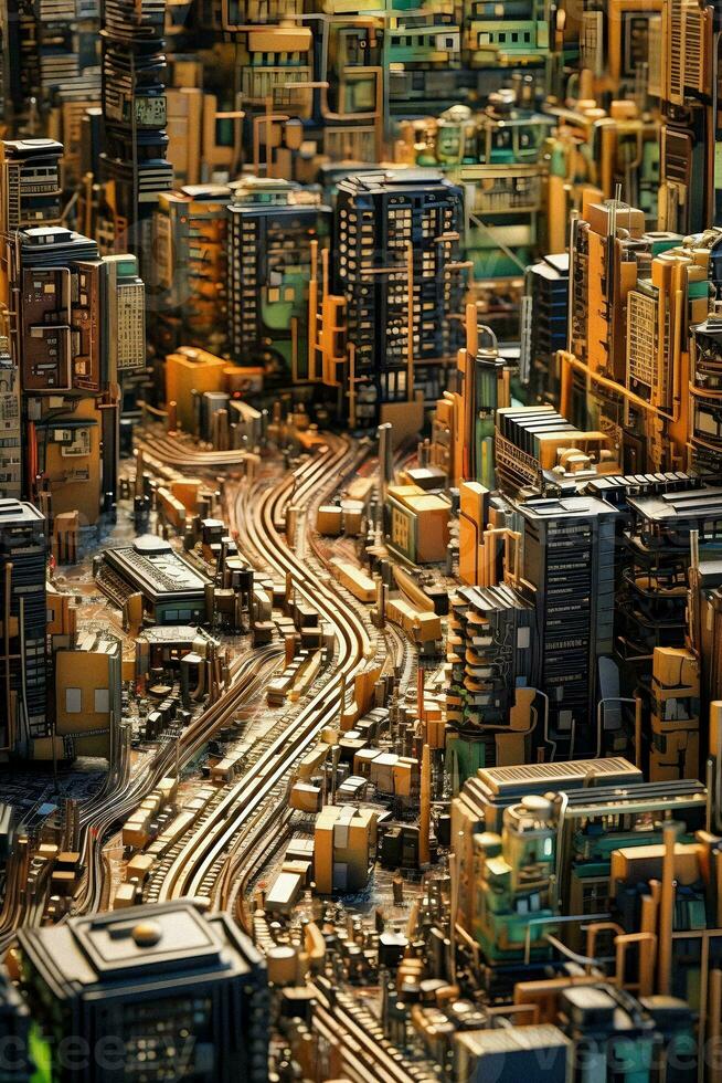 Artificial Intelligence Cityscape Urban Miniature on Circuit Board photo