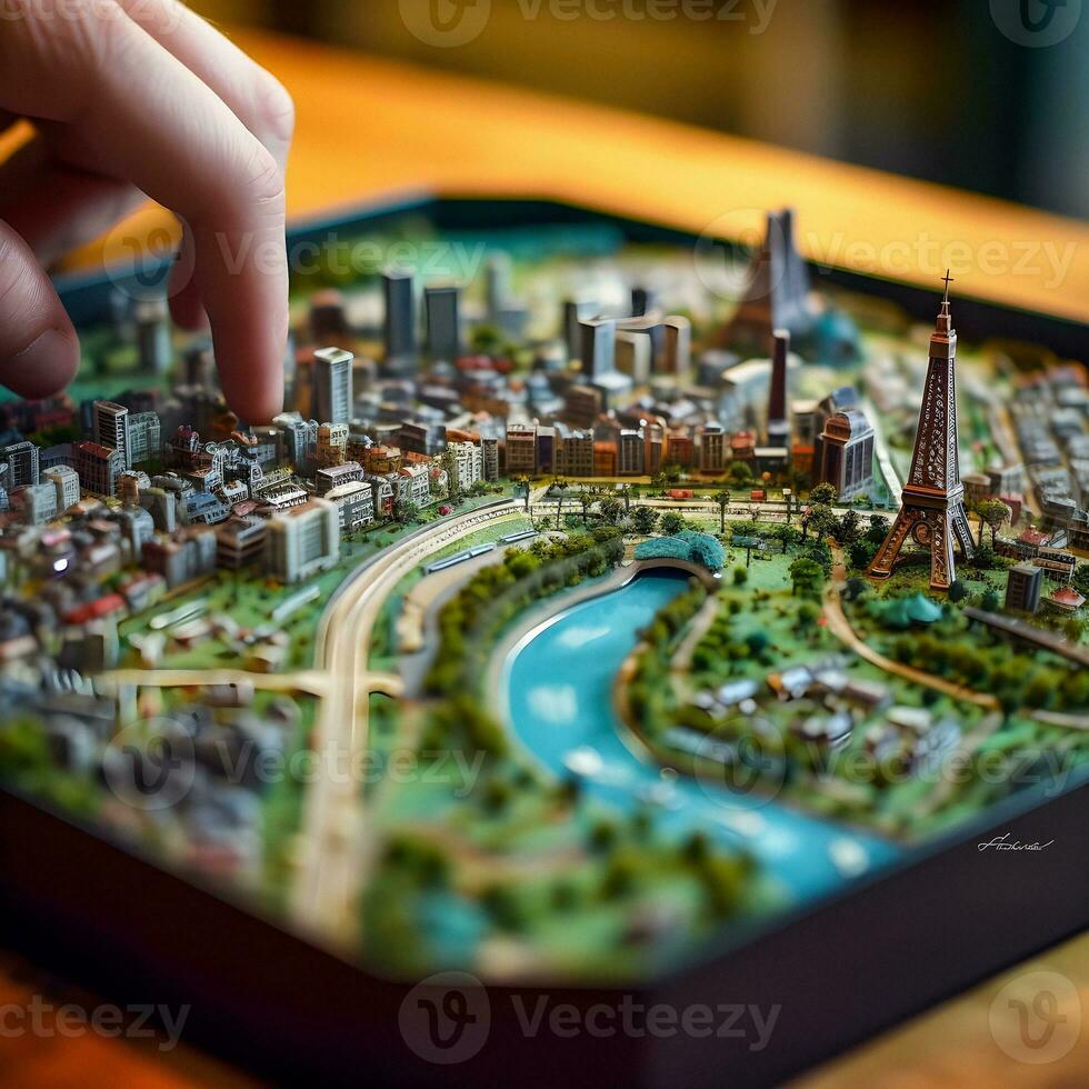 AI Generated Perfect Top View Miniature Paris on Circuit Board photo