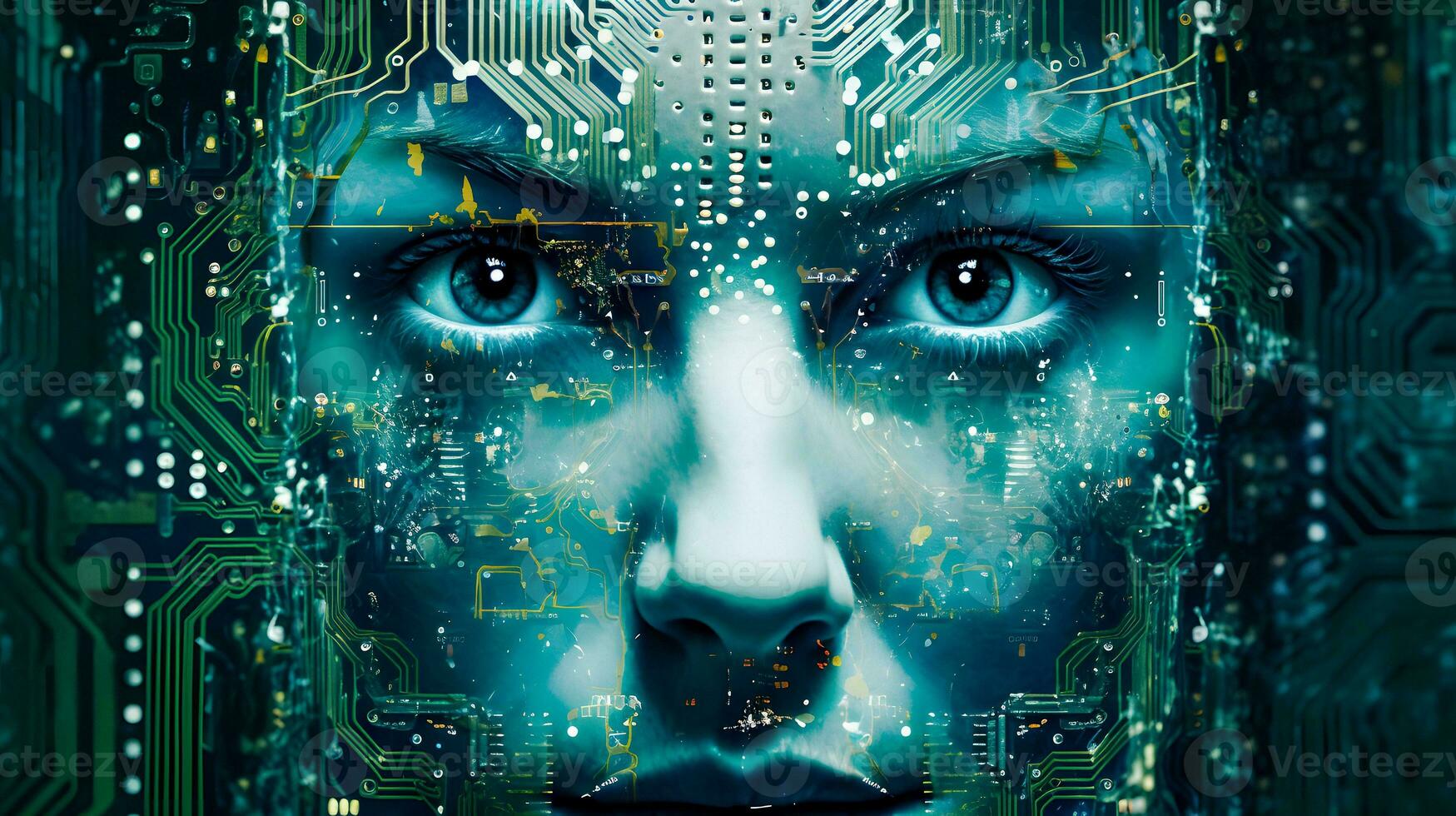 Cyborg Essence Woman Like Motherboard Generated by AI photo