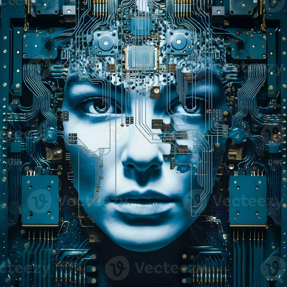 Cyborg Essence Woman Like Motherboard Generated by AI photo