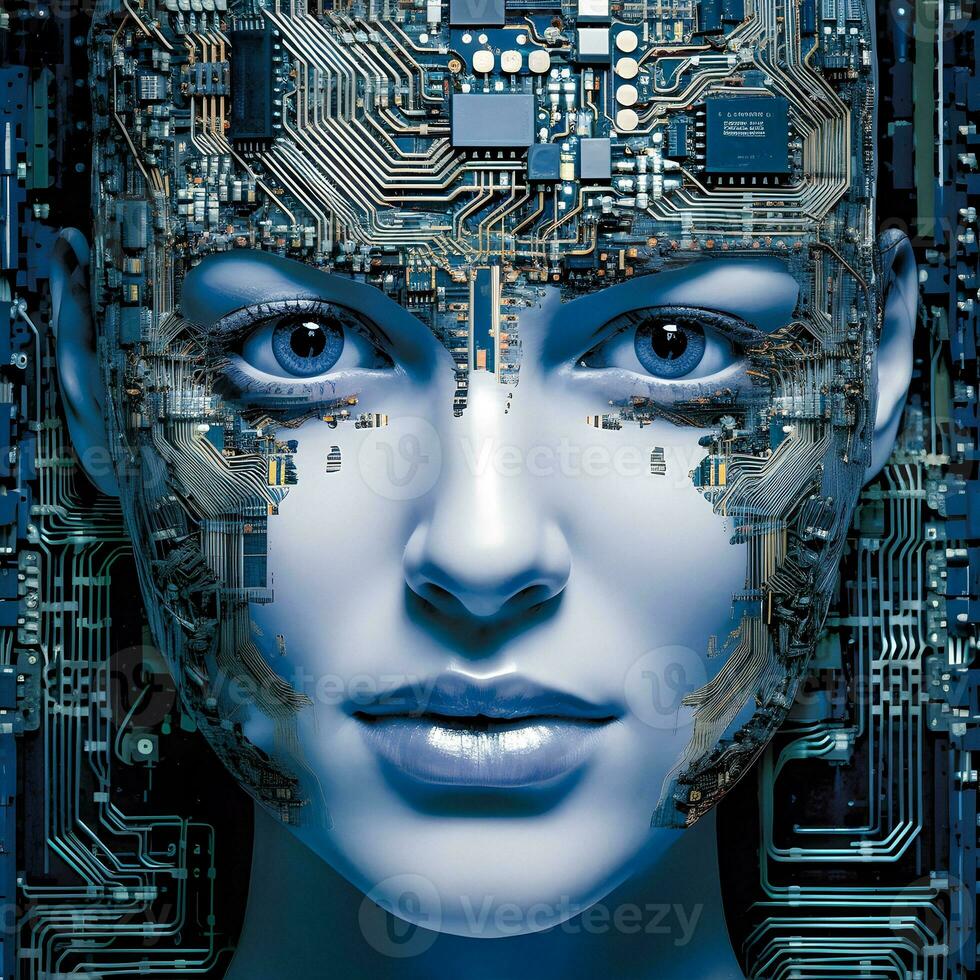 Cyborg Essence Woman Like Motherboard Generated by AI photo