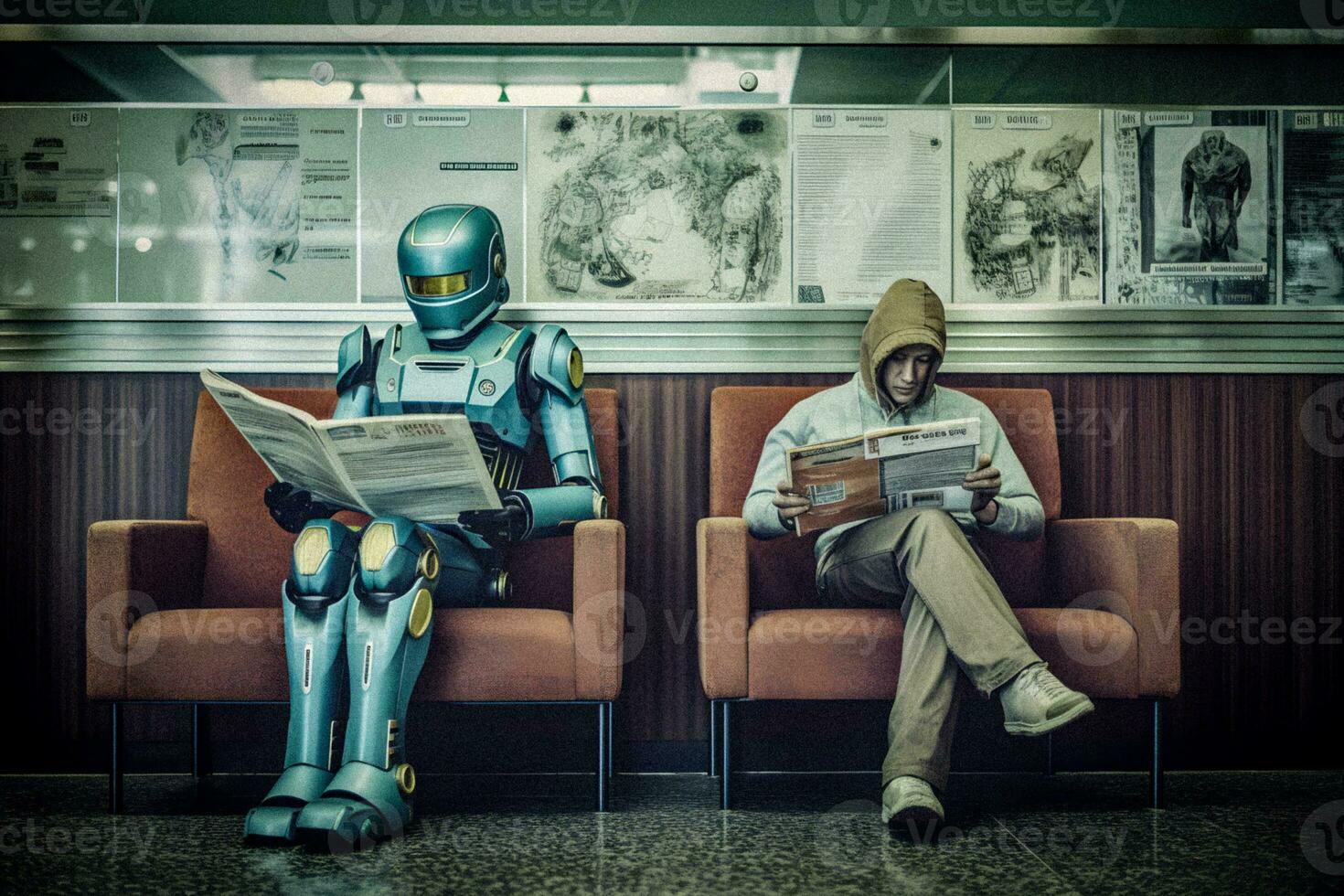 The Synergy of Man and Machine   Man and robot in a waisting room   generative ai photo