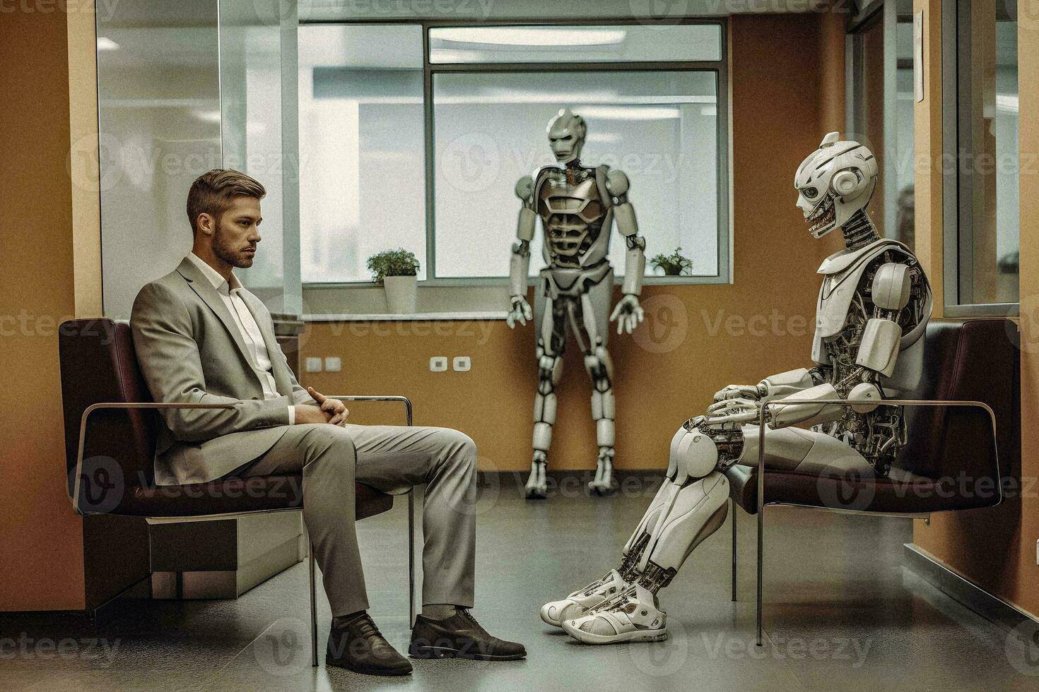 The Synergy of Man and Machine   Man and robot in a waisting room   generative ai photo