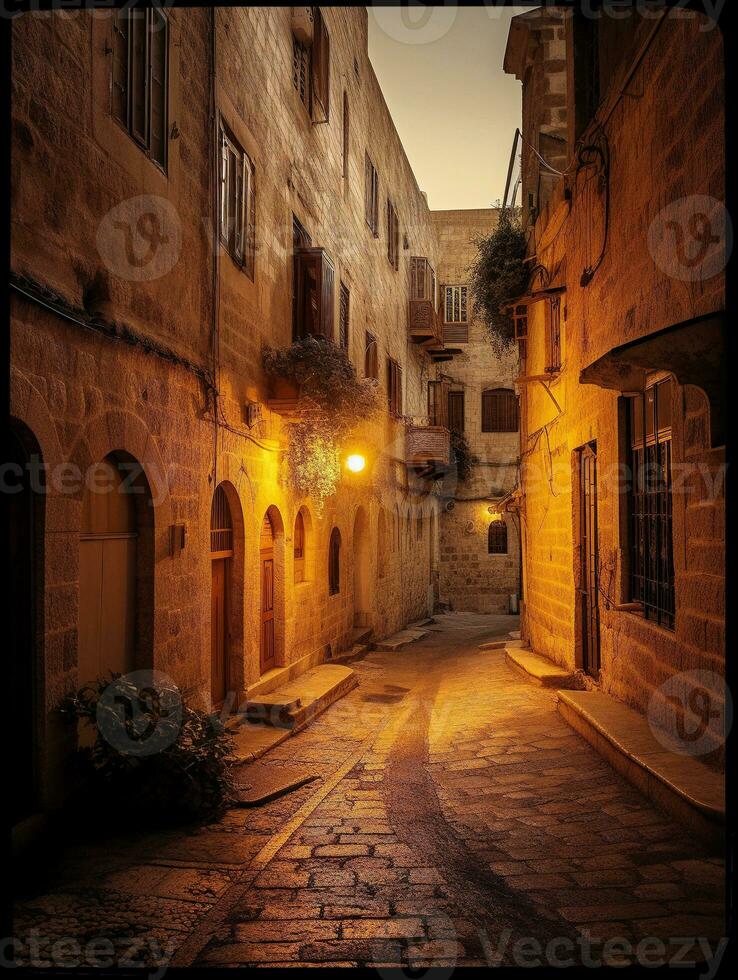 un vacío callejón en el antiguo ciudad de Jerusalén generativo ai foto