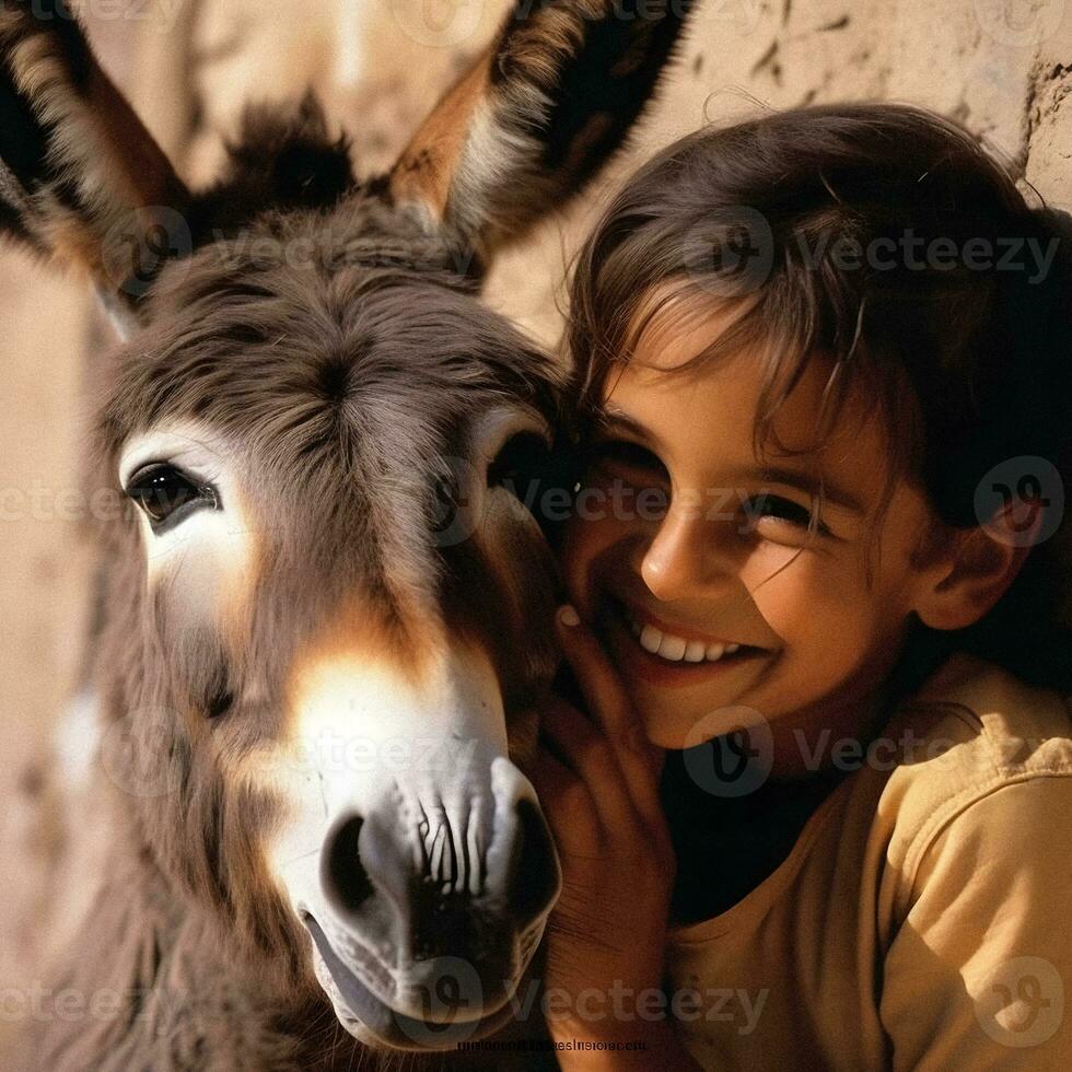 Joyful Connection Girl and Donkey in Generative AI Portrait photo