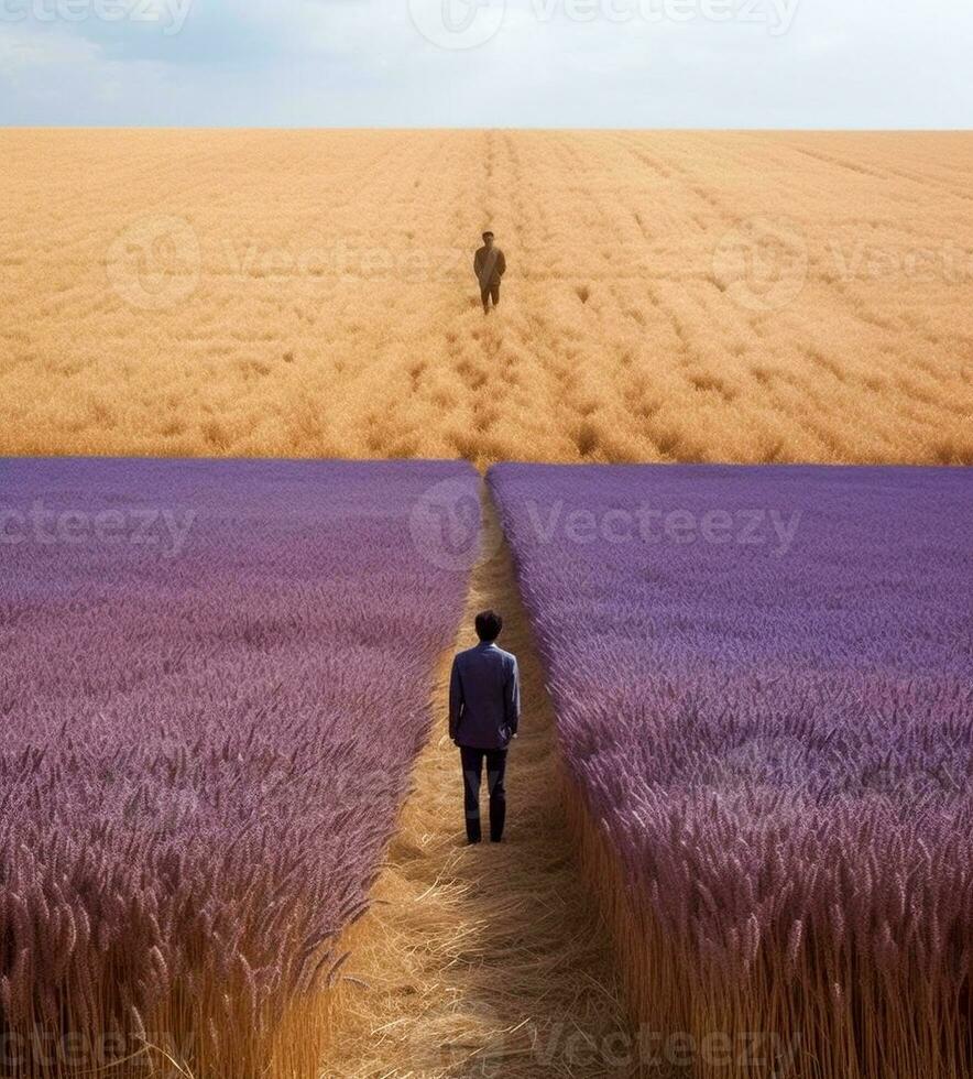 Two eerie characters, one in a lavender field, the other in the distance in a wheat field   generative AI photo