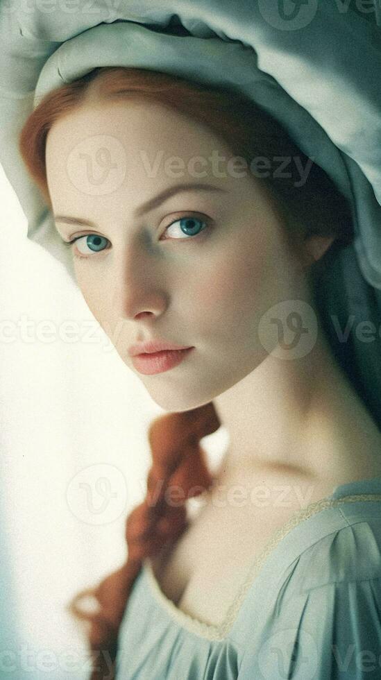 Enchanting Portrait of a Beautiful Red haired Woman with Captivating Light Eyes   Generative AI Photo