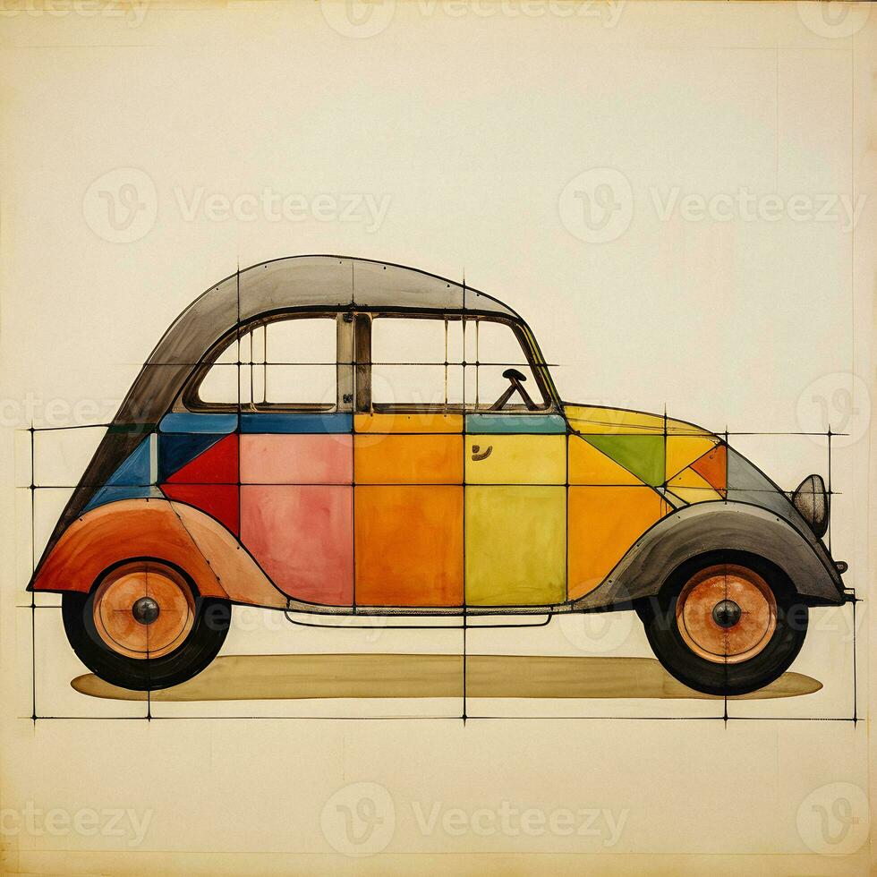 Whimsical Little Car   Paul Klee Style Drawing   generative ai photo