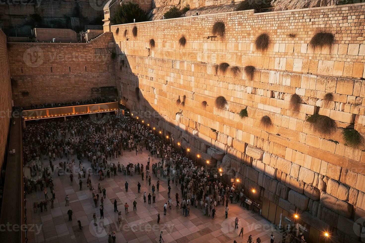 Golden Light of Sunset on the Western Wall in Jerusalem, Top View   generative AI photo