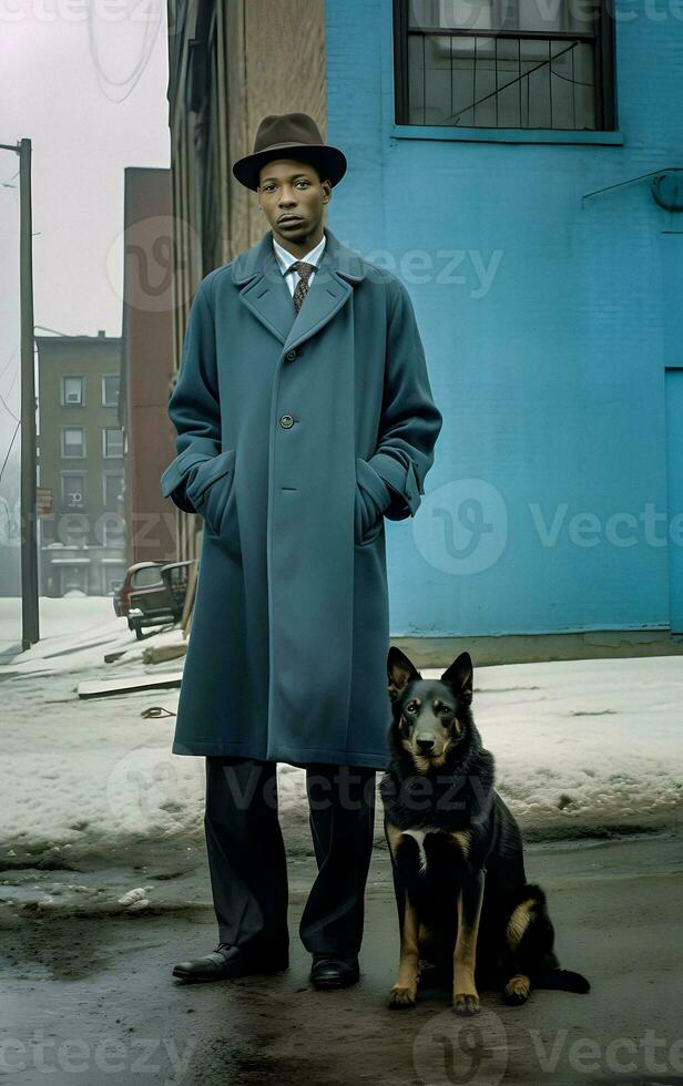 Elegant Black Man with American Style Coat and Large Dog   generative ai photo
