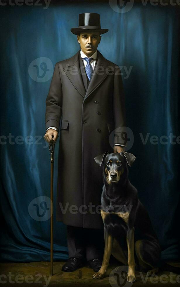 Elegant Black Man with American Style Coat and Large Dog   generative ai photo