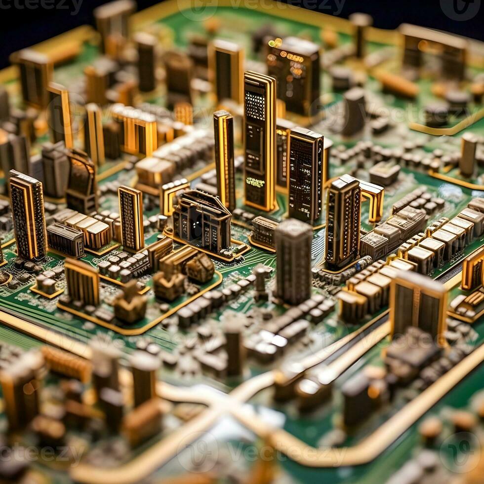 Cityscape on Circuit AI Generated Miniature Metropolis photo