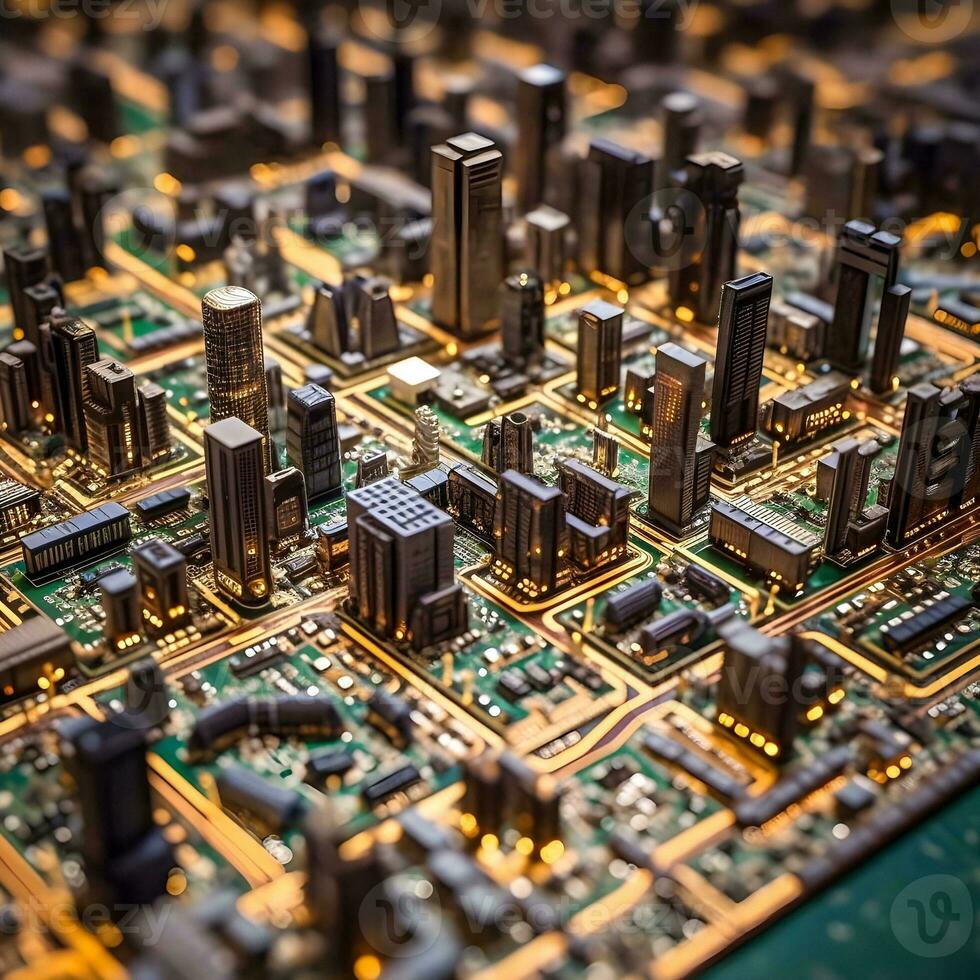 Cityscape on Circuit AI Generated Miniature Metropolis photo