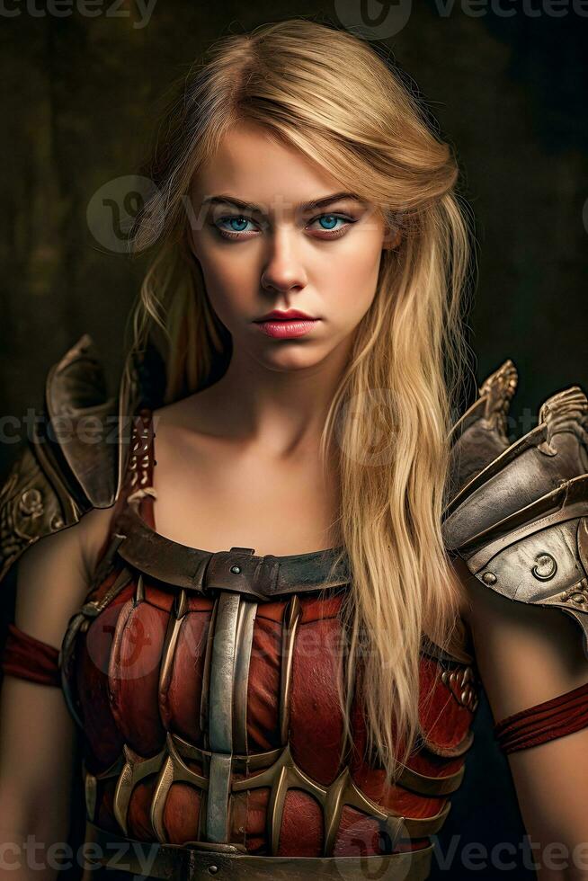 Warrior Maiden A Beautiful Young Female Gladiator Viking with Blond Hair and Blue Eyes   generative ai photo