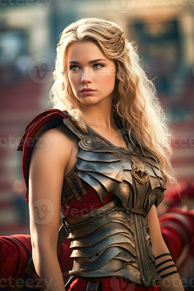 guerrero doncella un hermosa joven hembra gladiador vikingo con rubio pelo y azul ojos generativo ai foto