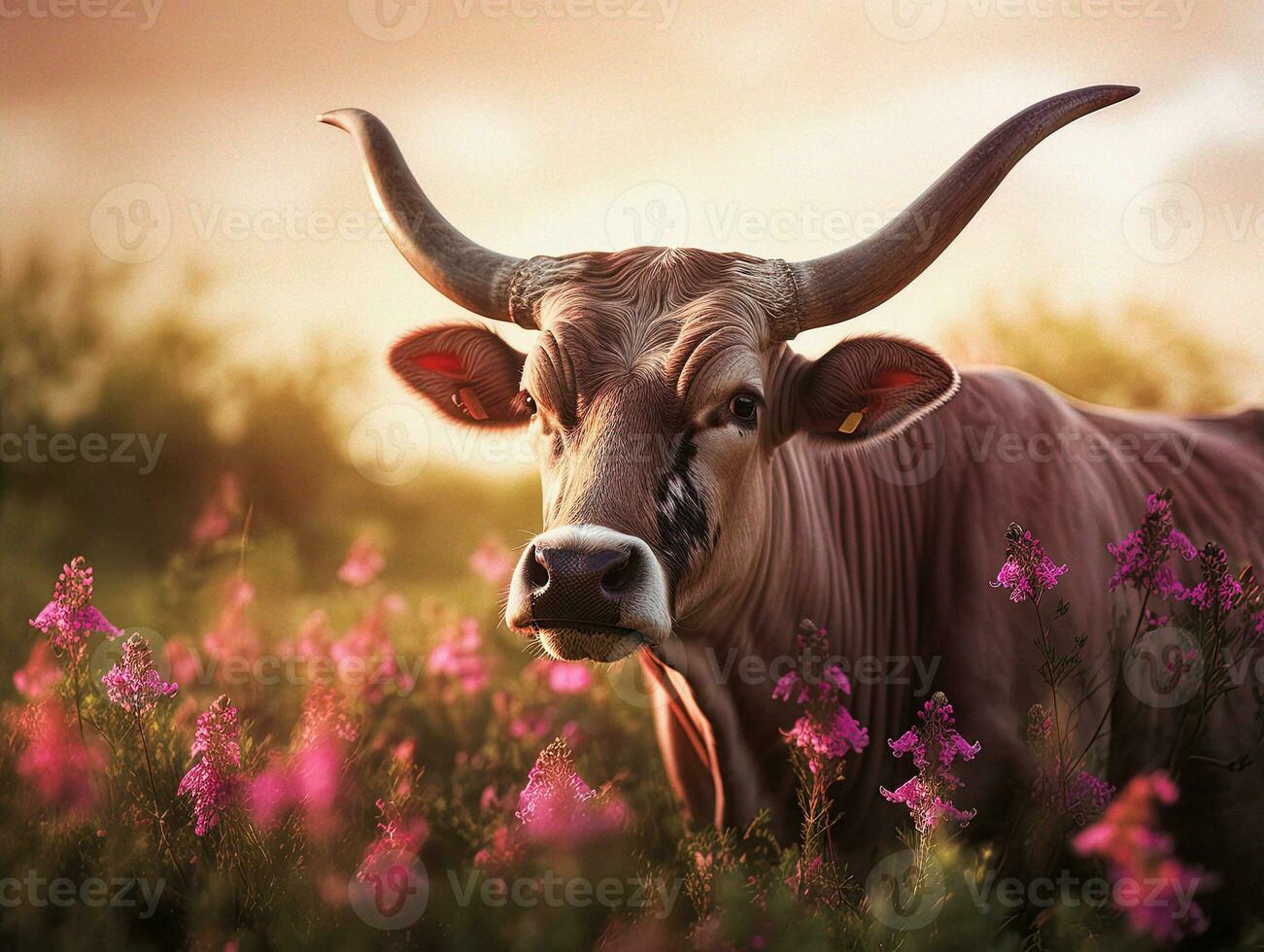 Majestic Longhorn Grazing in Lush Violet Meadow   generative ai photo