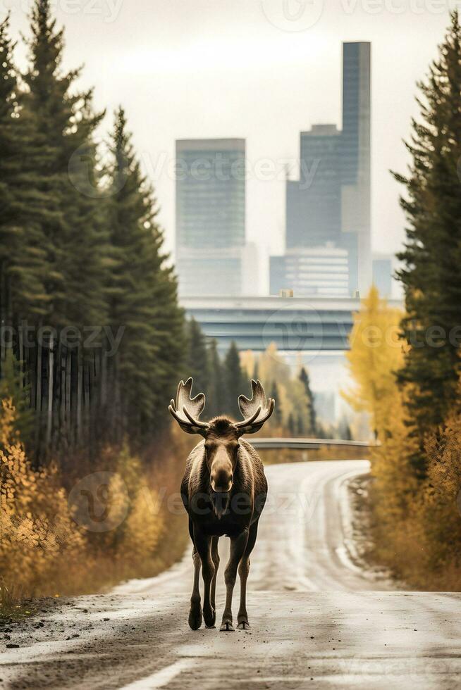 Magnificent Moose in Autumn on The Road   generative ai photo