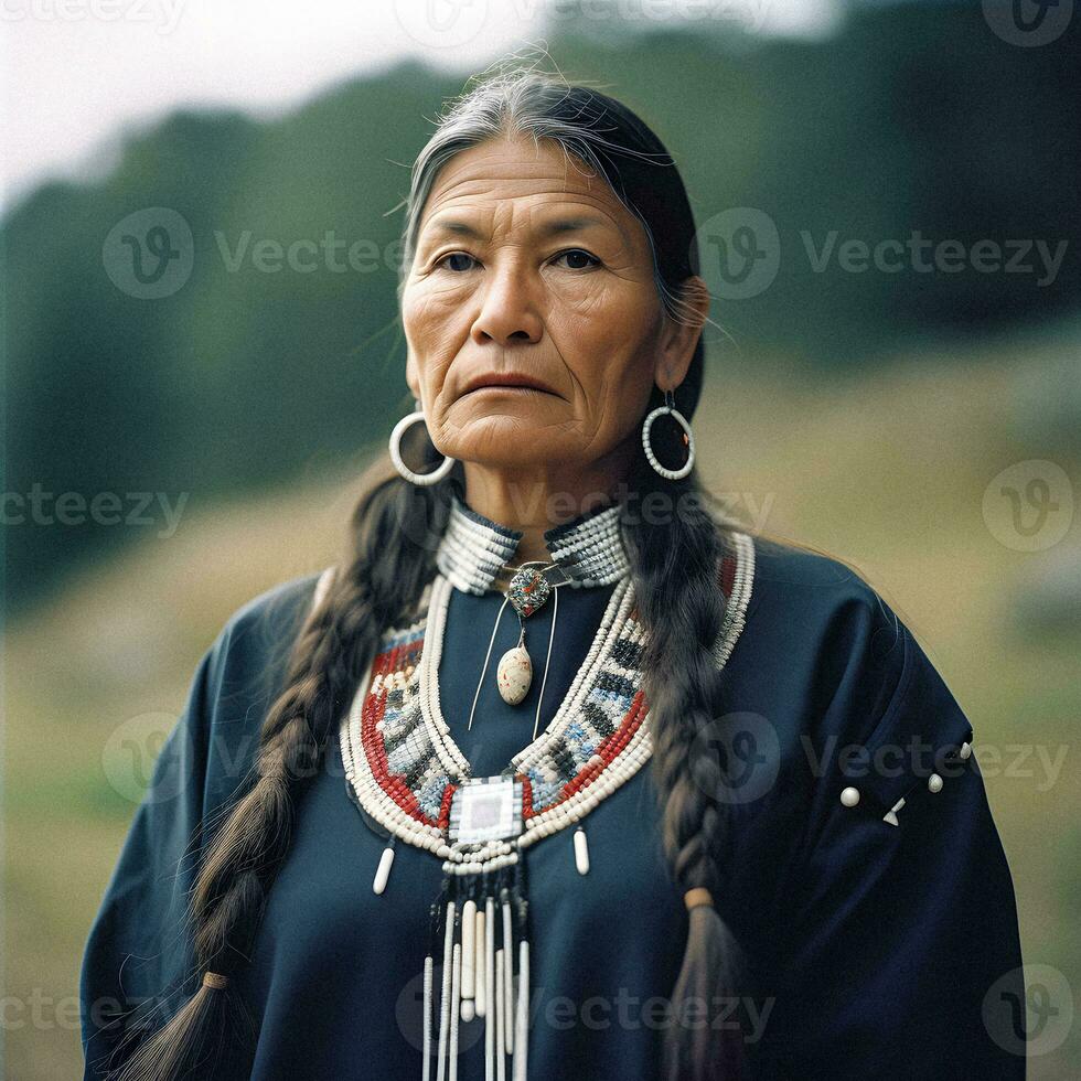 Cherokee Elegance Traditional Dress   Generative AI Portrait photo