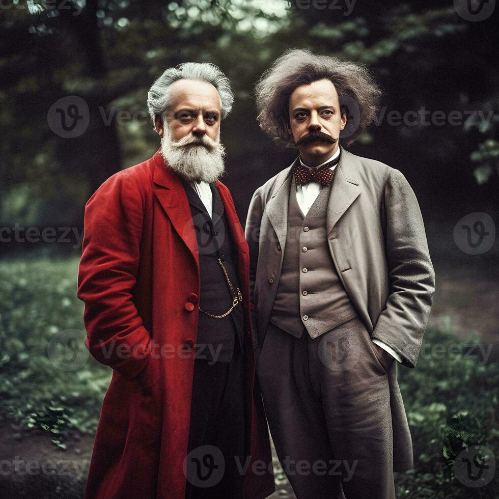 Revolutionary Visionaries Colourised Portrait of Karl Marx and Trotsky in 1930s   Generative ai photo