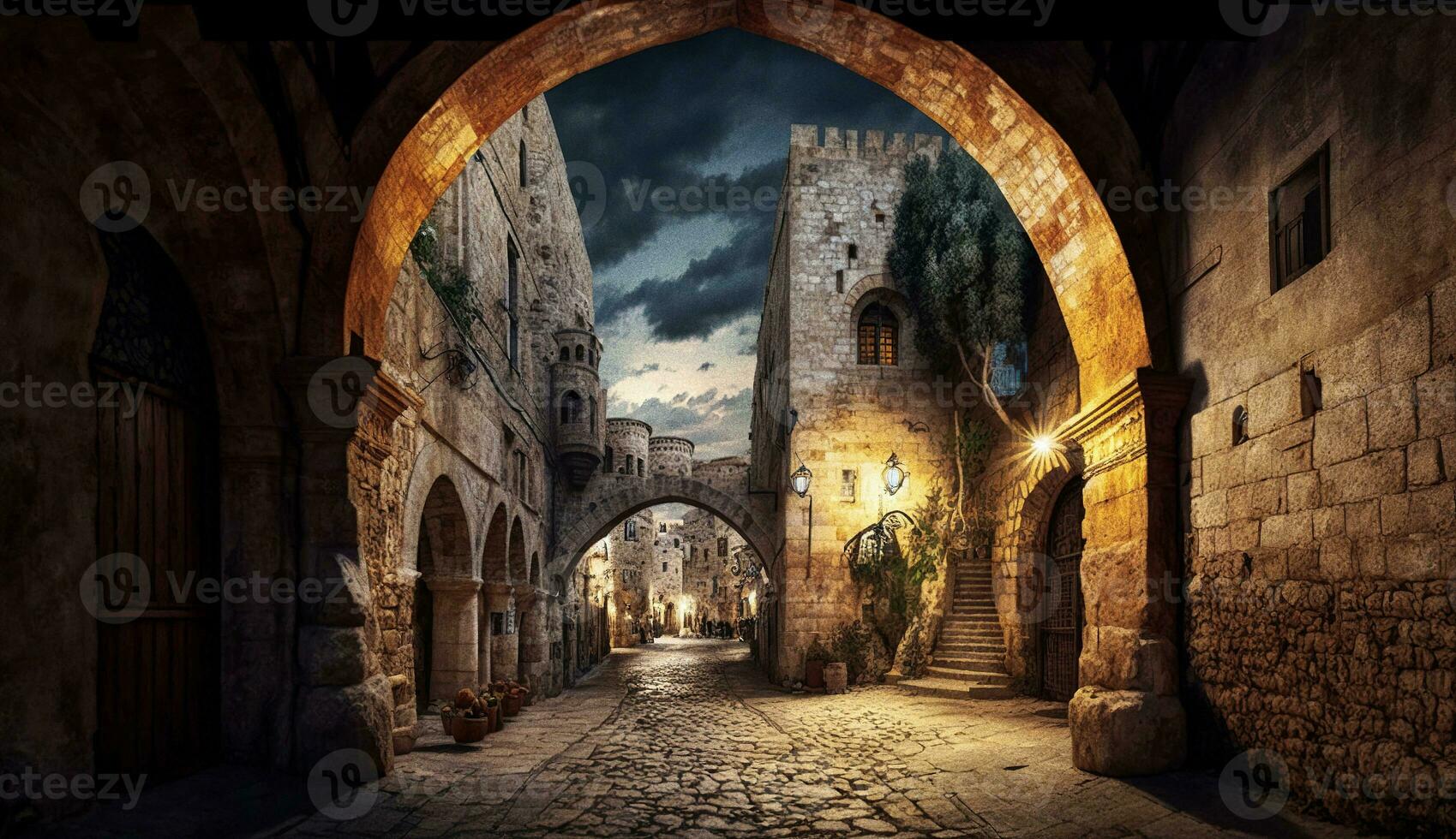 un vacío callejón en el antiguo ciudad de Jerusalén generativo ai foto