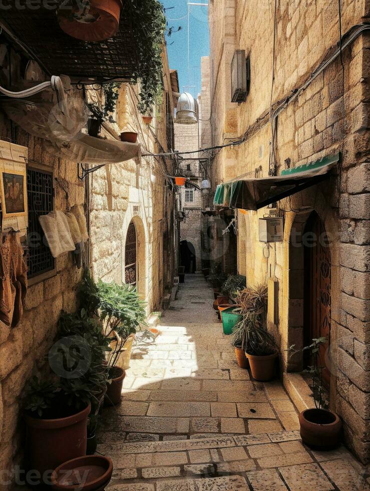 un vacío callejón en el antiguo ciudad de Jerusalén generativo ai foto