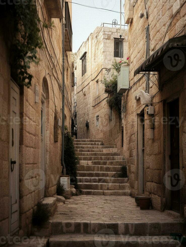 un vacío callejón en el antiguo ciudad de Jerusalén generativo ai foto