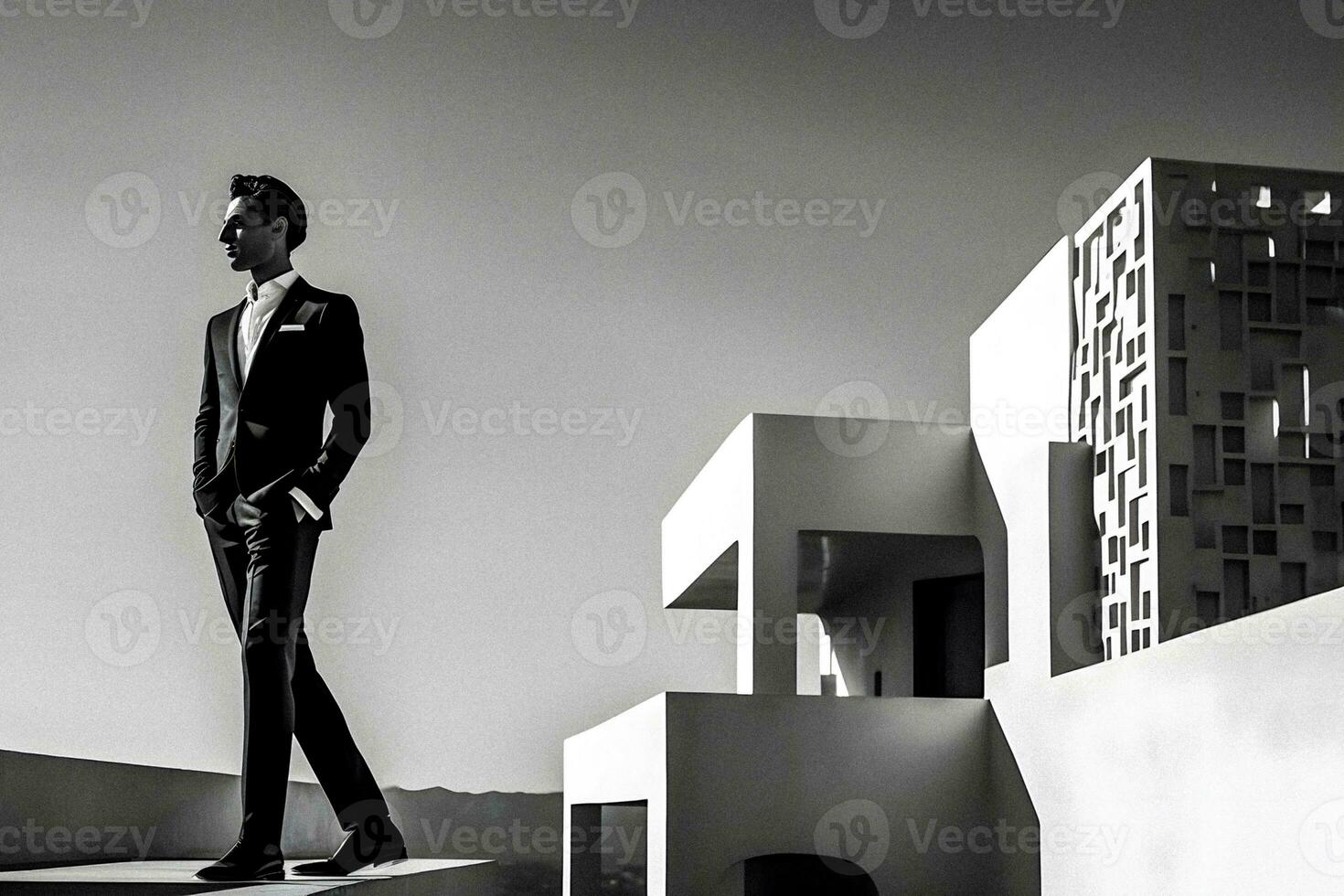 Elegant Man in Black and White Suit against Minimalist Architecture and Sunlight, generative ai photo