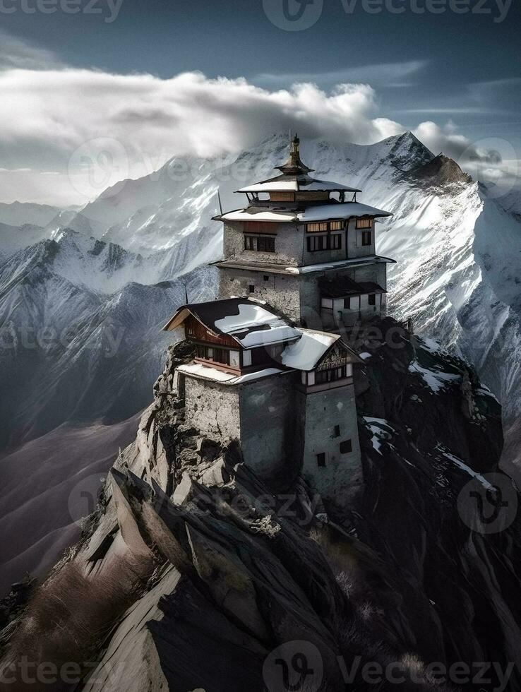 Majestic Temple Atop Snow-Capped Mountain - generative ai photo