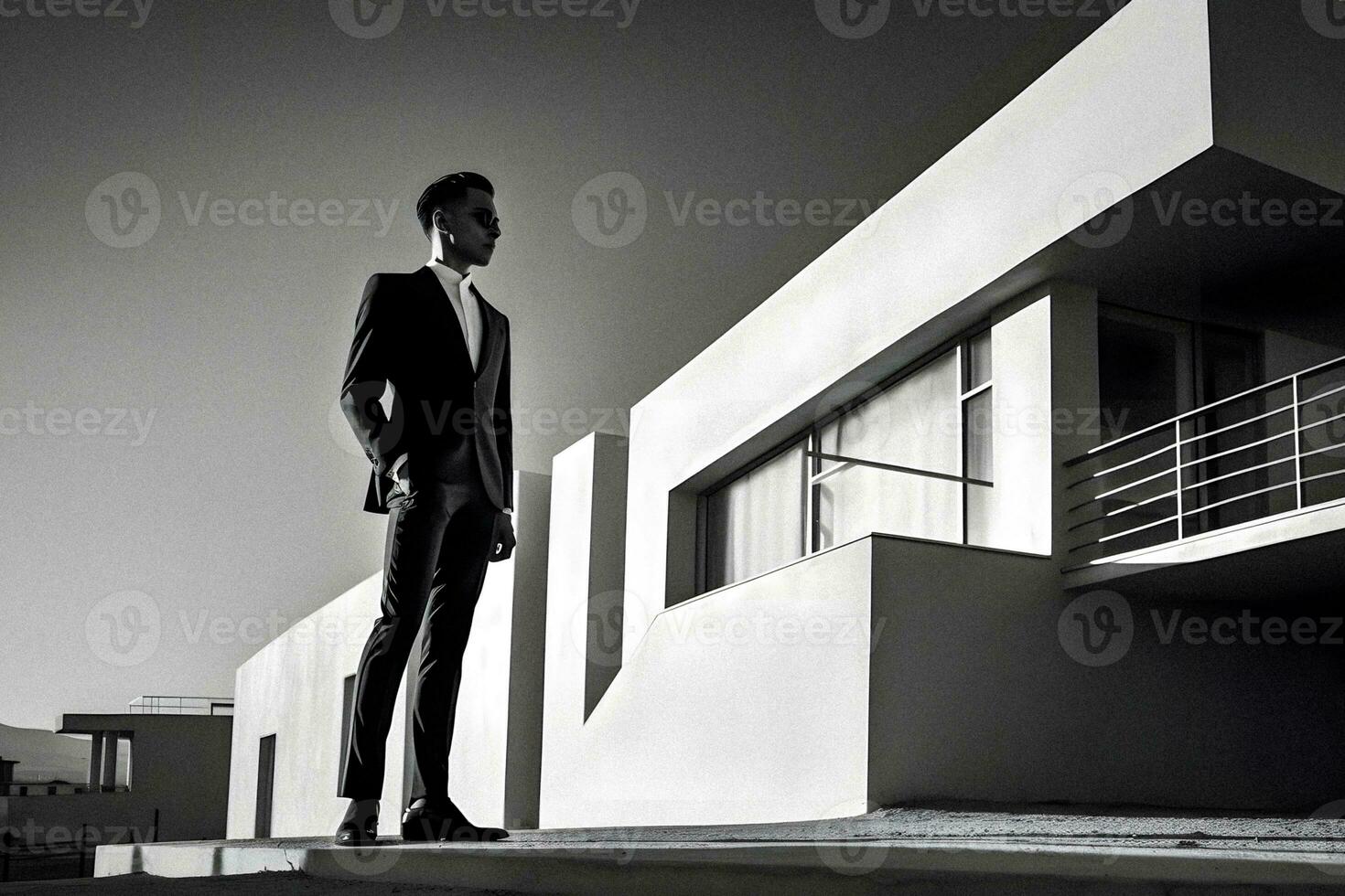 Elegant Man in Black and White Suit against Minimalist Architecture and Sunlight, generative ai photo
