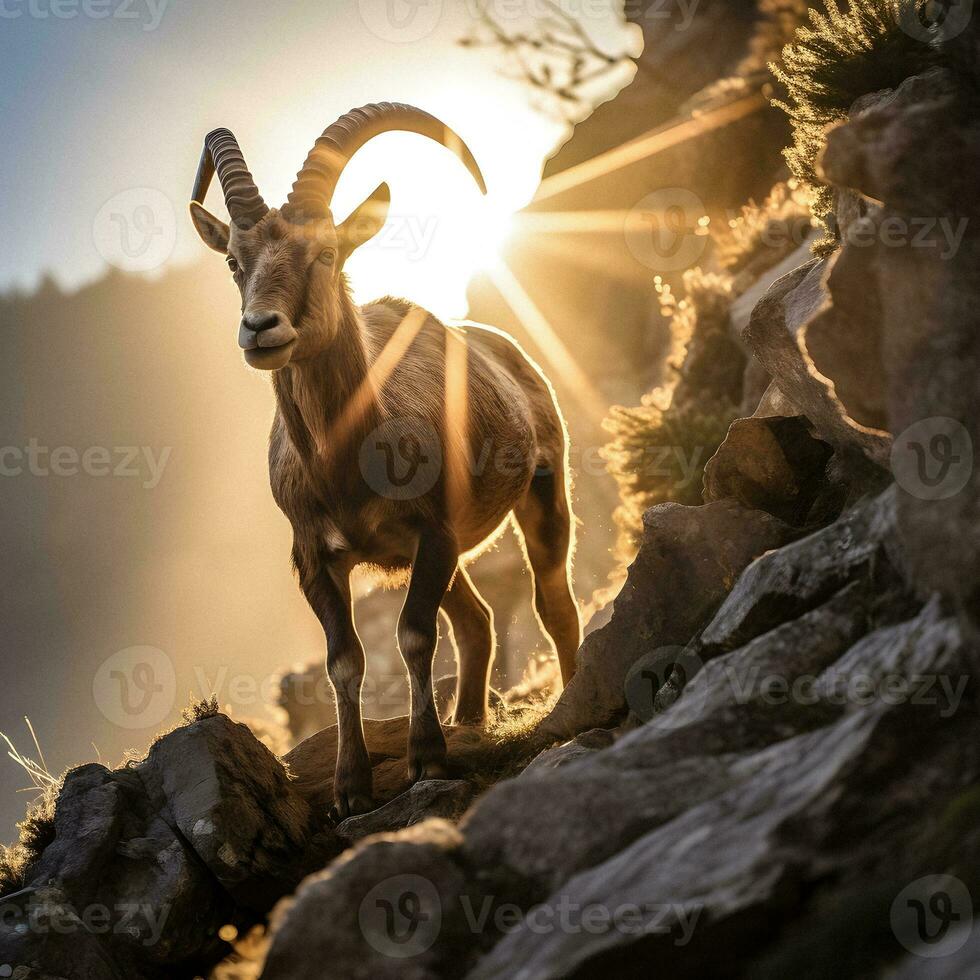 Majestic Ibex on a Cliff, Stunning Natural Light Generative AI Photography photo