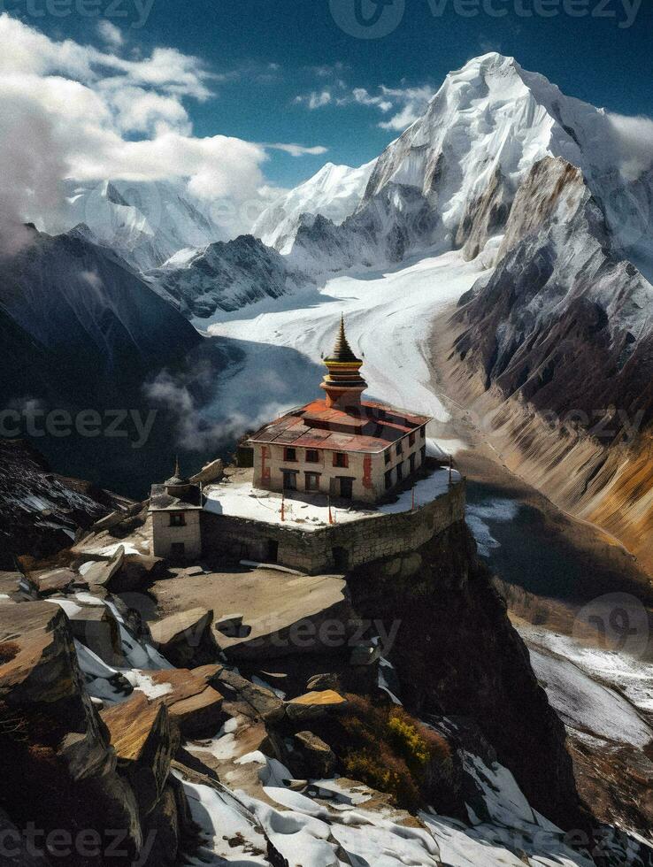 Majestic Temple Atop Snow-Capped Mountain - generative ai photo
