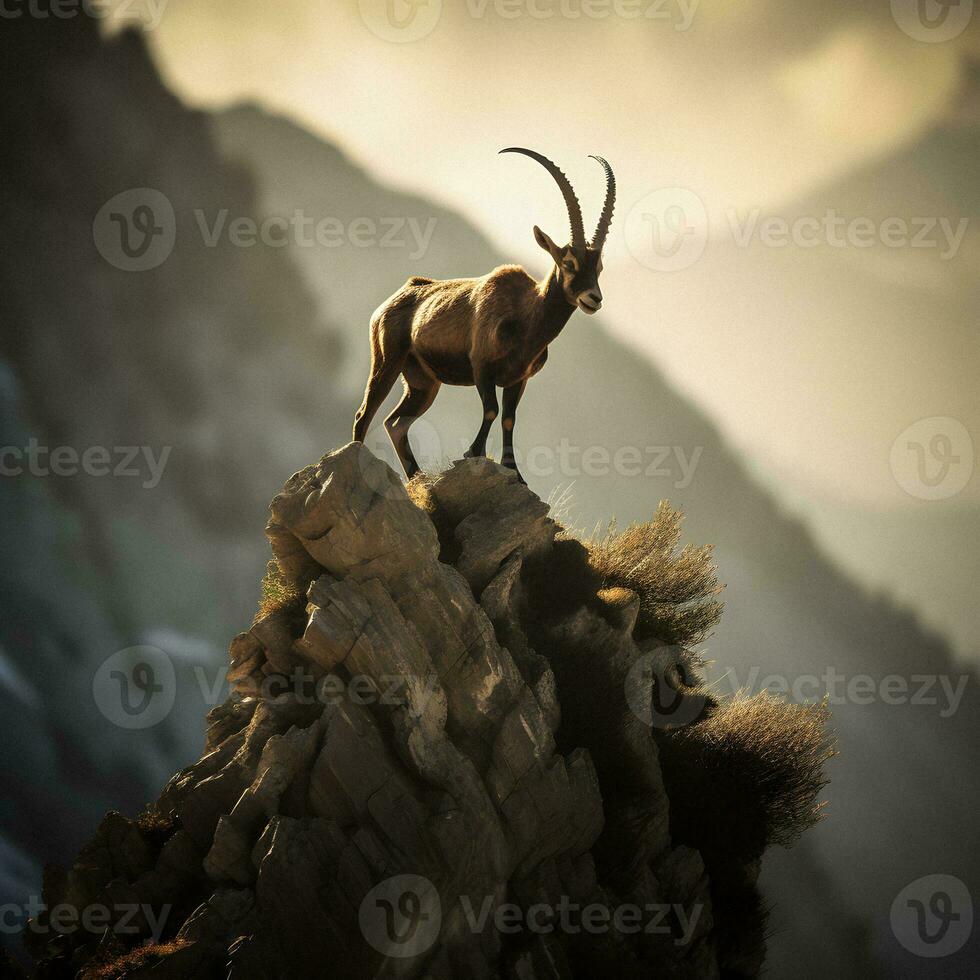 majestuoso cabra montés en un acantilado, maravilloso natural ligero generativo ai fotografía foto