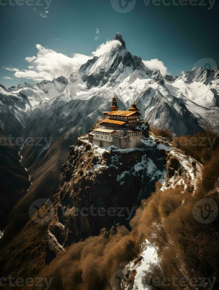 Majestic Temple Atop Snow-Capped Mountain - generative ai photo