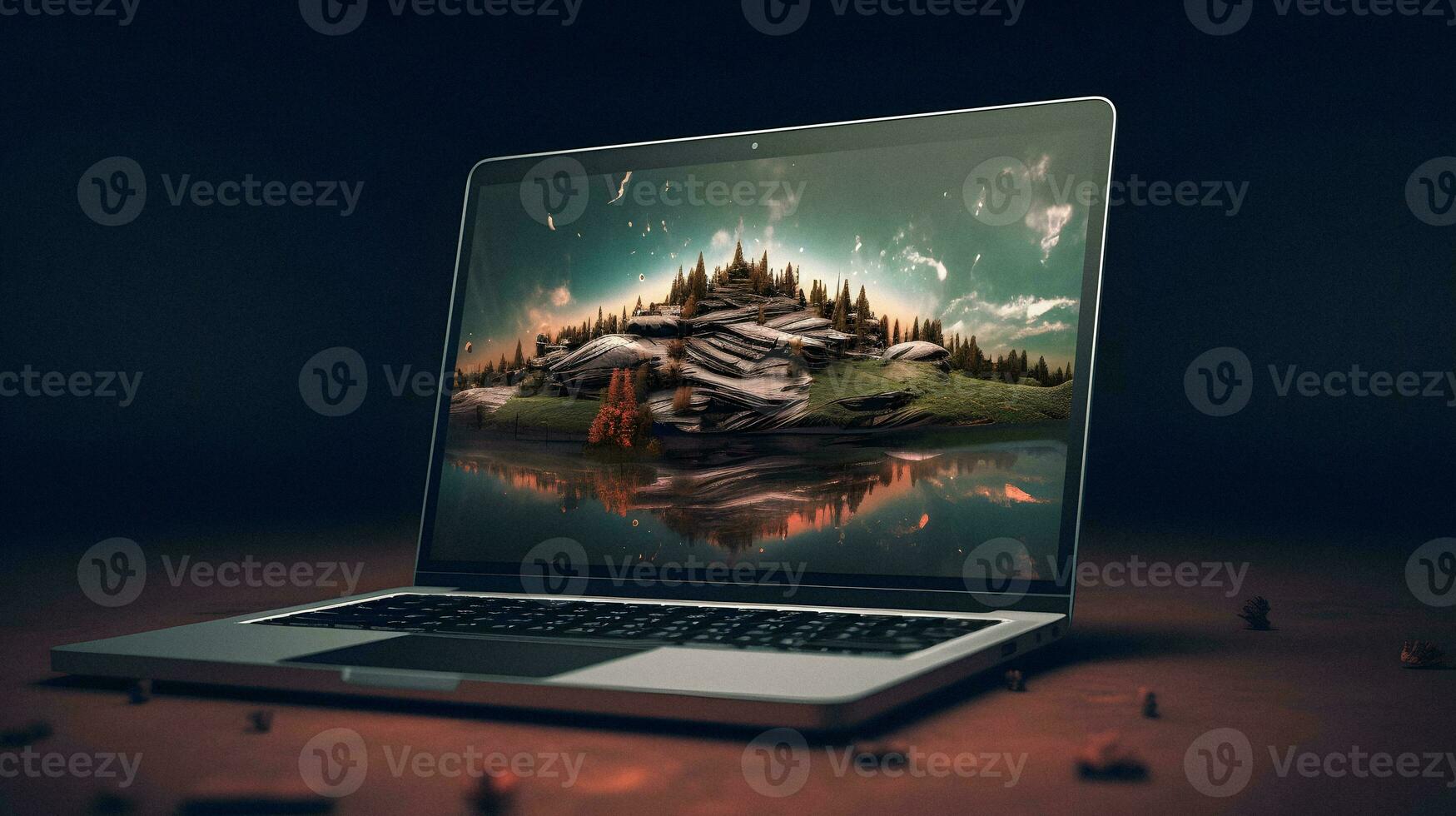 Elegant Laptop with Stunning Generative AI Wallpaper photo