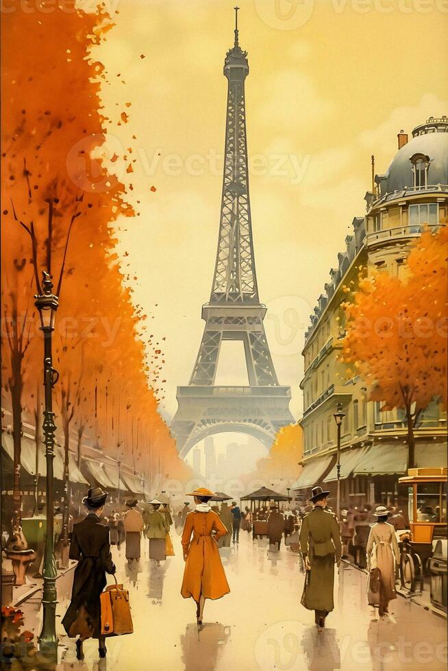 Vintage Paris Poster with Eiffel Tower, AI generated photo