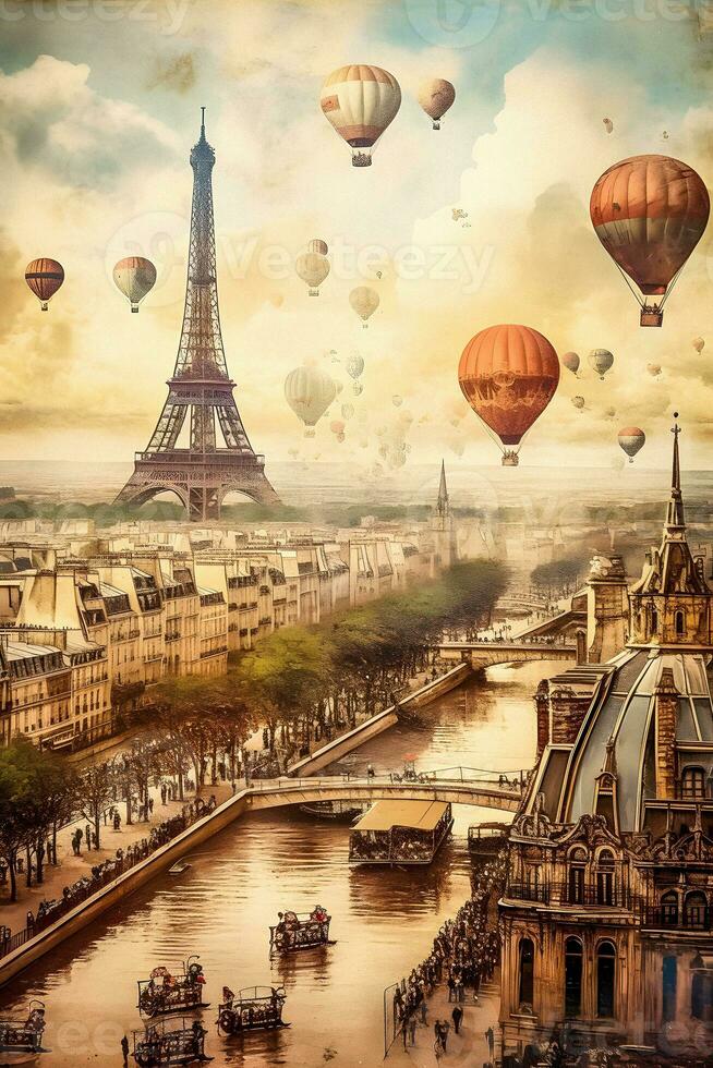 Vintage Paris Poster with Eiffel Tower, AI generated photo