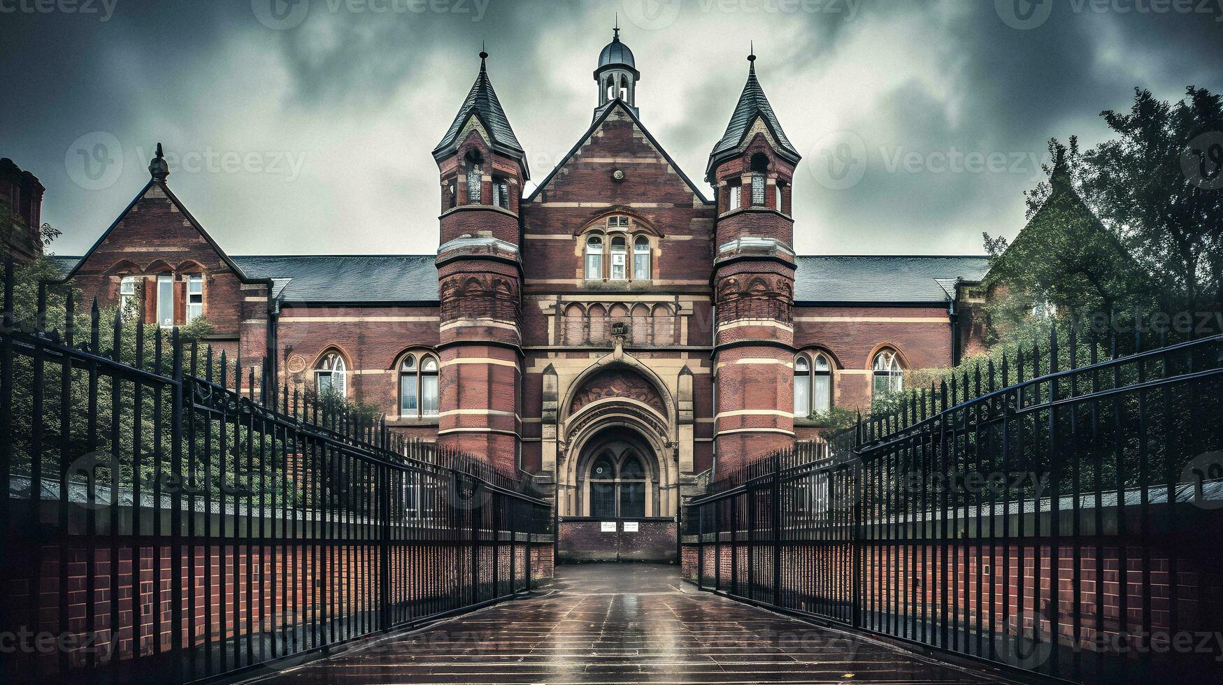 External View of a Charming English High School, generative ai photo