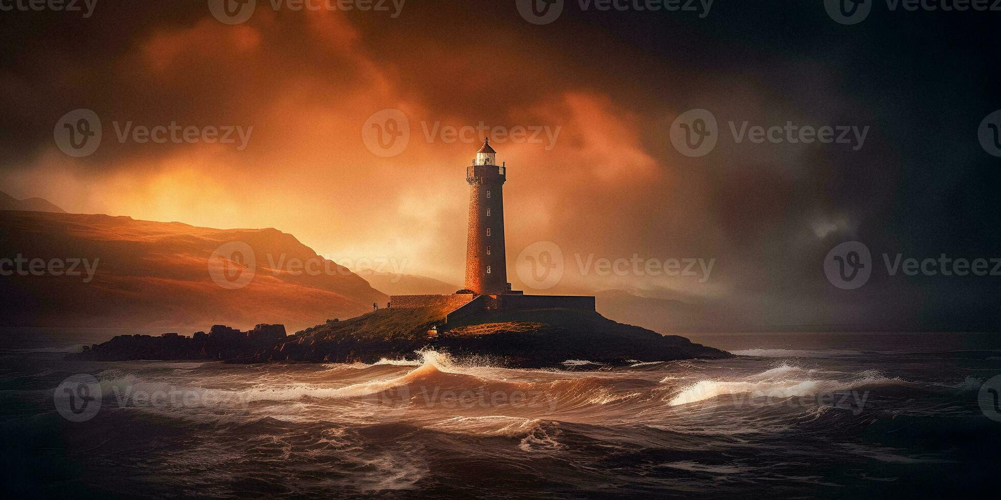 Majestic Lighthouse at Sunrise A Generative AI Masterpiece photo