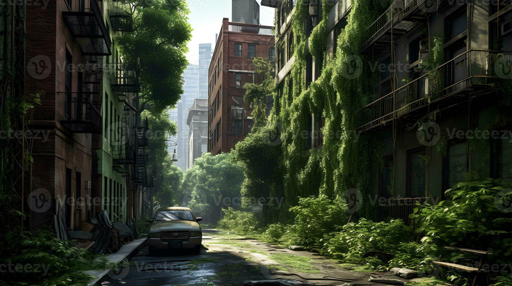 Manhattan Jungle Post-Apocalyptic Urban Overgrowth. Generative AI. photo