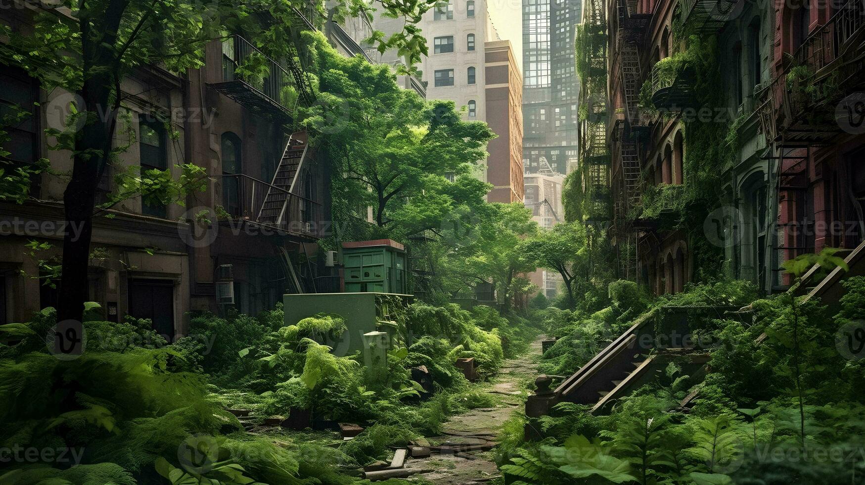 Manhattan Jungle Post-Apocalyptic Urban Overgrowth. Generative AI. photo