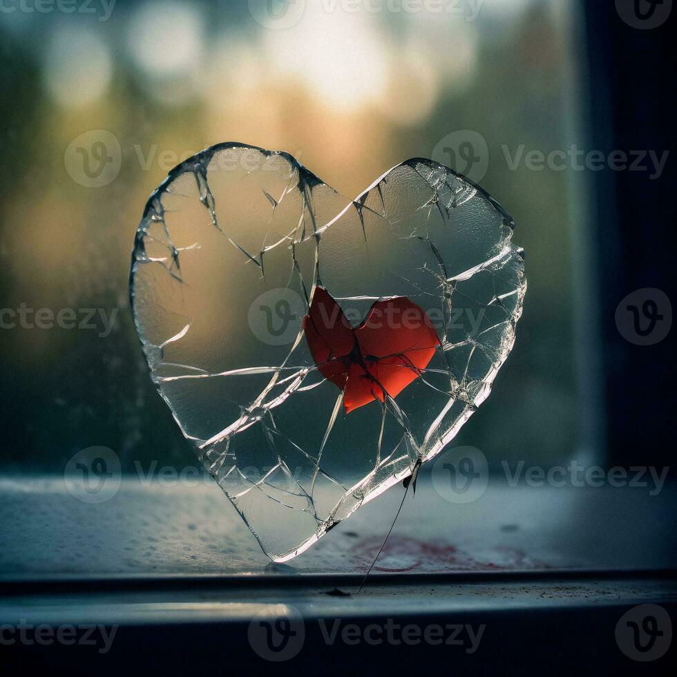 Broken Glass Heart with Red Petal Inside - Symbol of Seeking and Suffering Love. Generative AI. photo