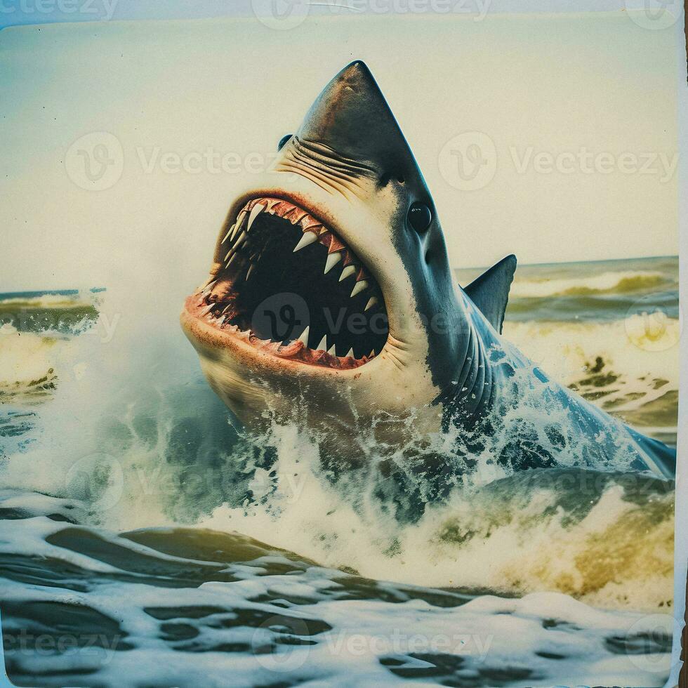 Shark Attack Captured in Polaroid Artistry. Generative AI. photo