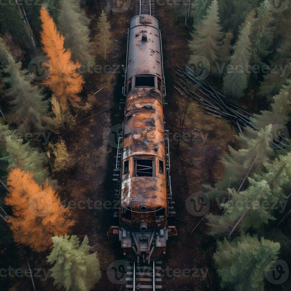 Aerial View of Rusty Train in Untamed Forest. Generative ai. photo