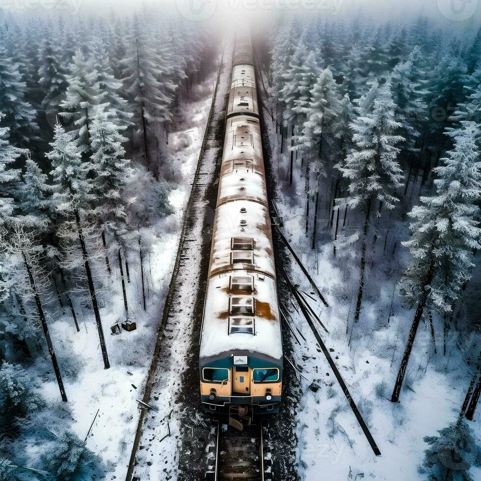 Aerial View of Train in Snowy Winter Forest. Generative ai. photo