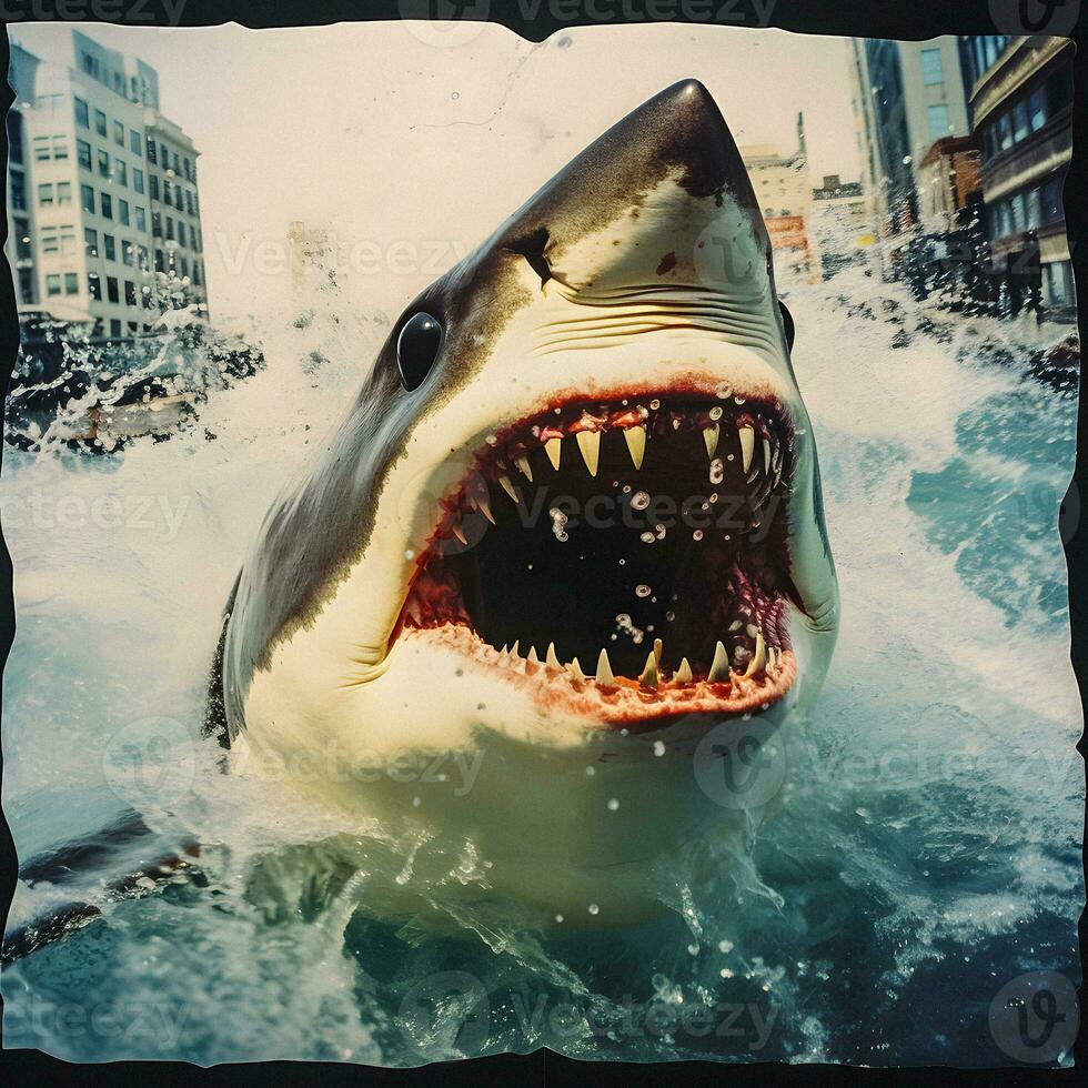 Shark Attack Captured in Polaroid Artistry. Generative AI. photo