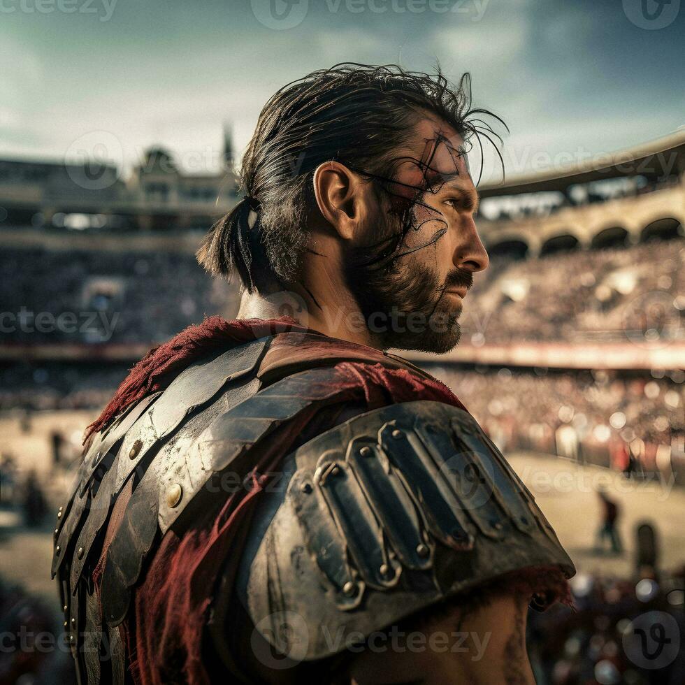 vikingo gladiador en post apocalíptico romano arena. generativo ai. foto