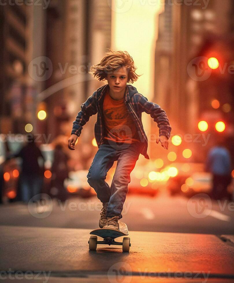joven chico patinar en Nueva York calle - generativo ai obra de arte foto