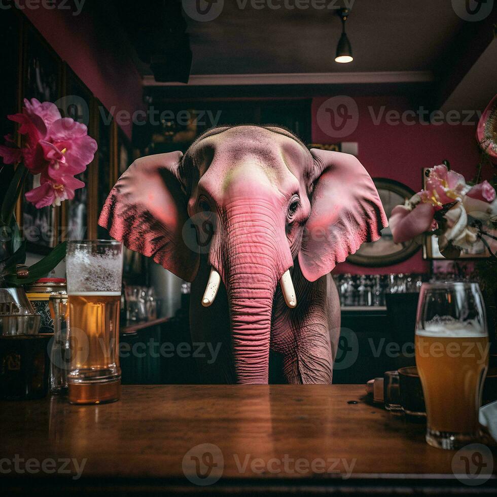 Pink Elephant at the Bar. Generative AI. photo