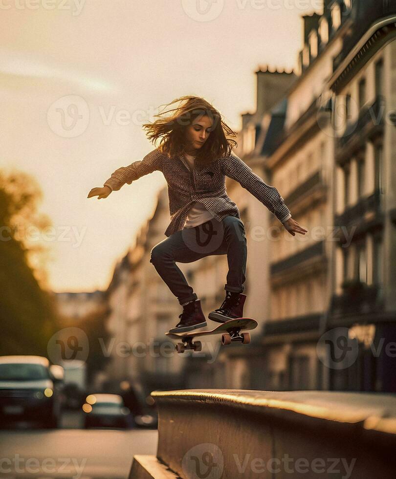 Young Woman Skateboarding on the Streets of Paris, generative ai photo